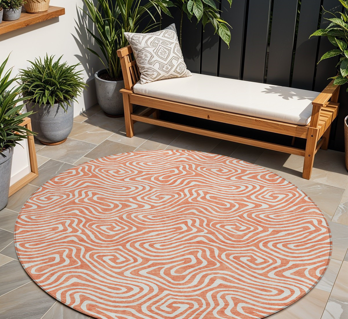 8' Salmon And Ivory Round Abstract Washable Indoor Outdoor Area Rug-599756-1