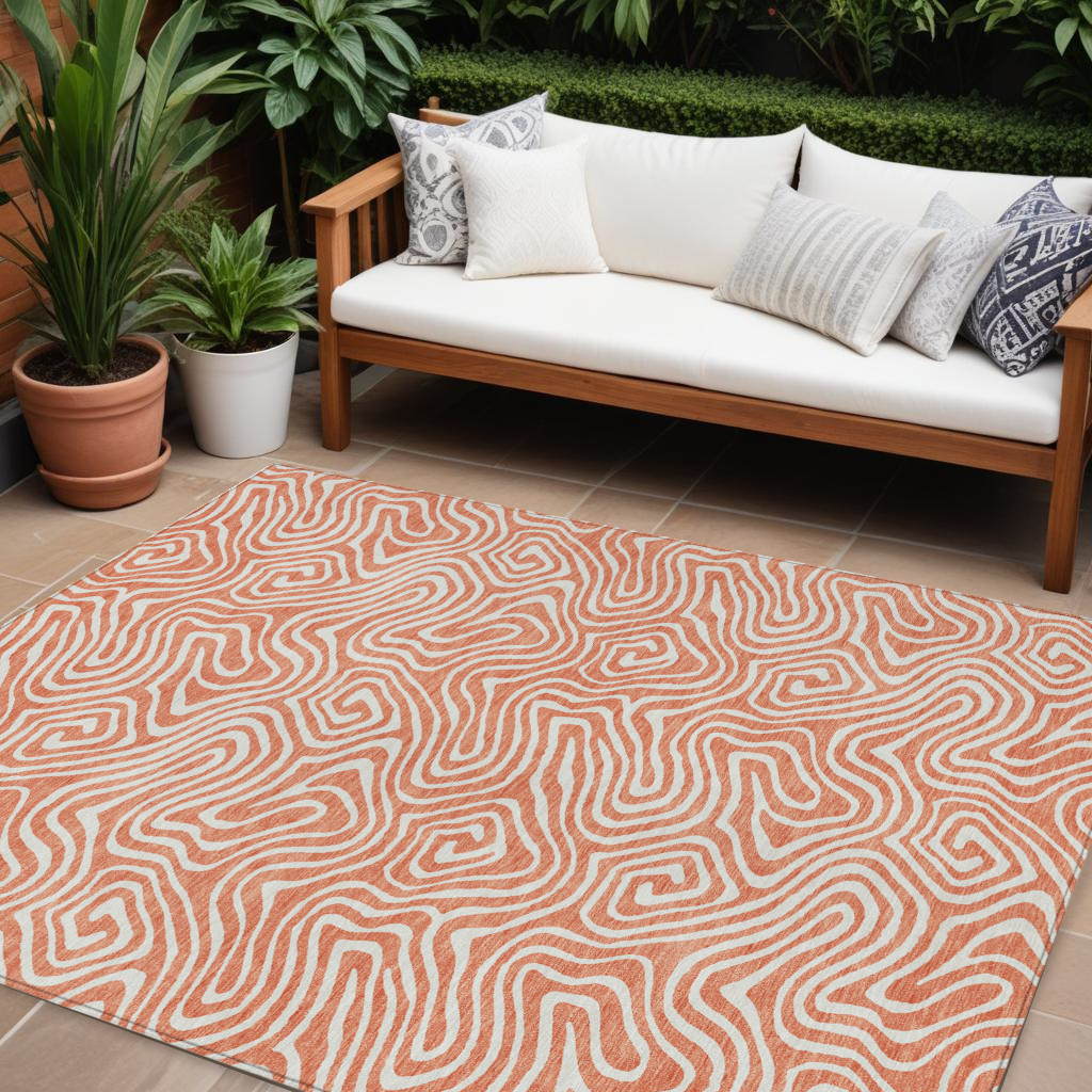 10' X 14' Salmon And Ivory Abstract Washable Indoor Outdoor Area Rug-599759-1