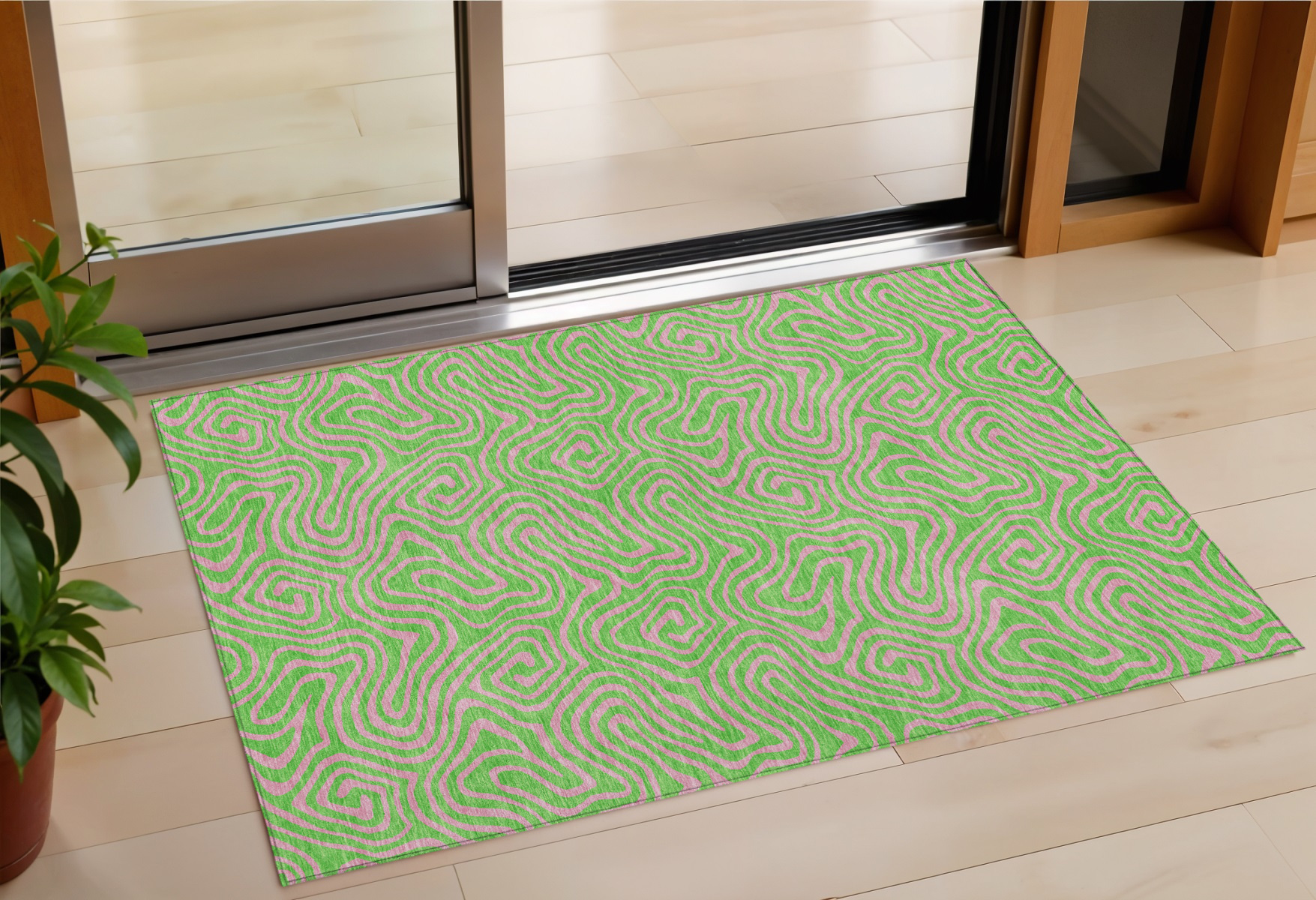 3' X 5' Lime Green And Pink Abstract Washable Indoor Outdoor Area Rug-599814-1