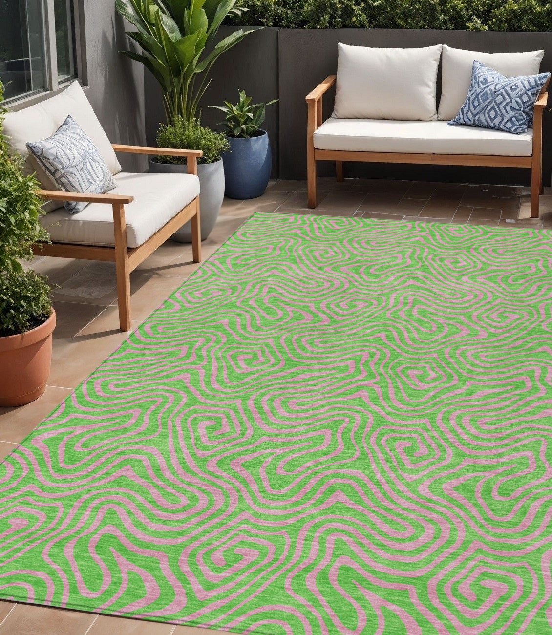 5' X 8' Lime Green And Pink Abstract Washable Indoor Outdoor Area Rug-599815-1