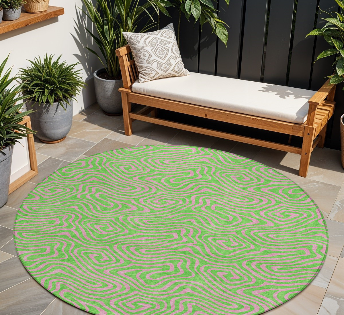 8' Lime Green And Pink Round Abstract Washable Indoor Outdoor Area Rug-599816-1