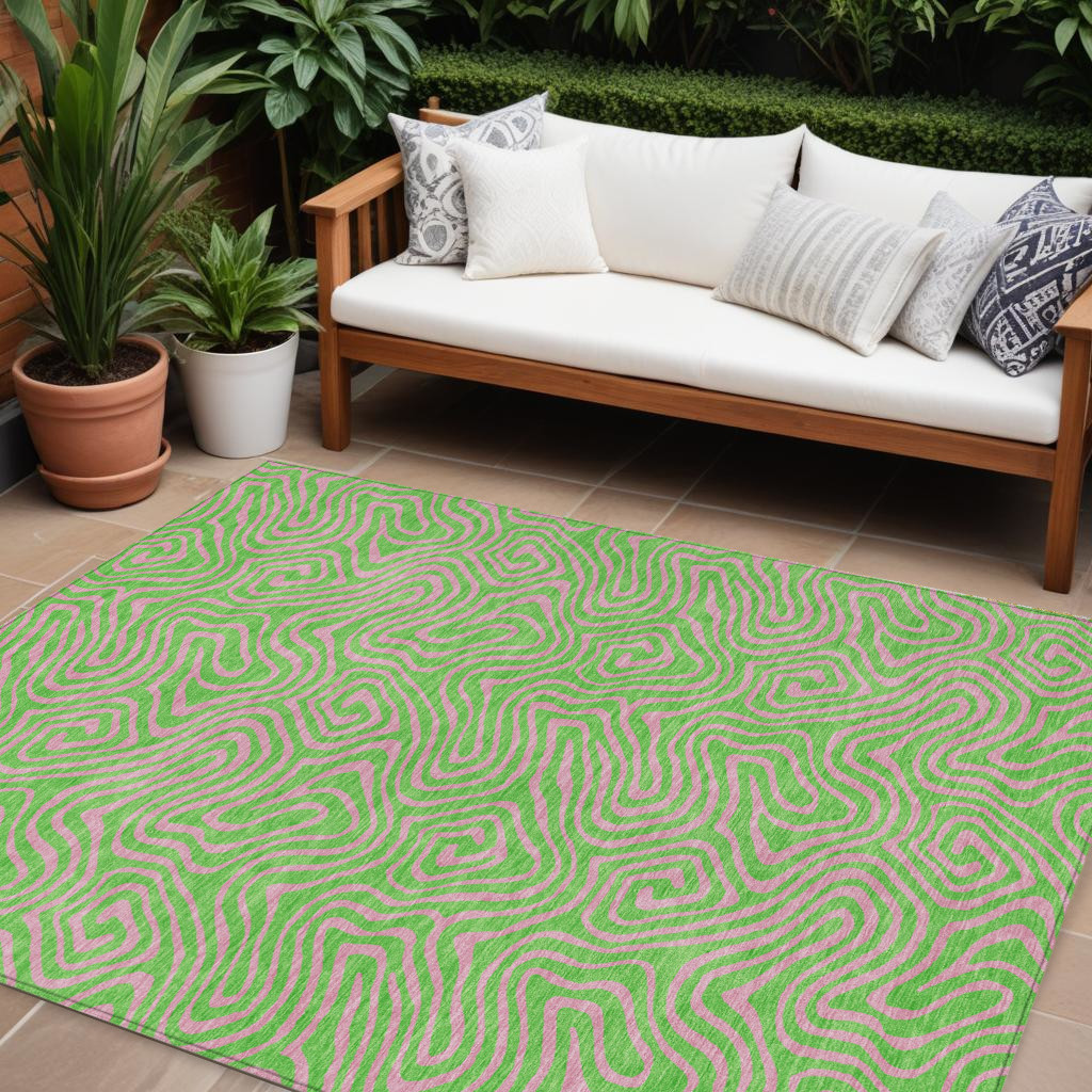 9' X 12' Lime Green And Pink Abstract Washable Indoor Outdoor Area Rug-599818-1