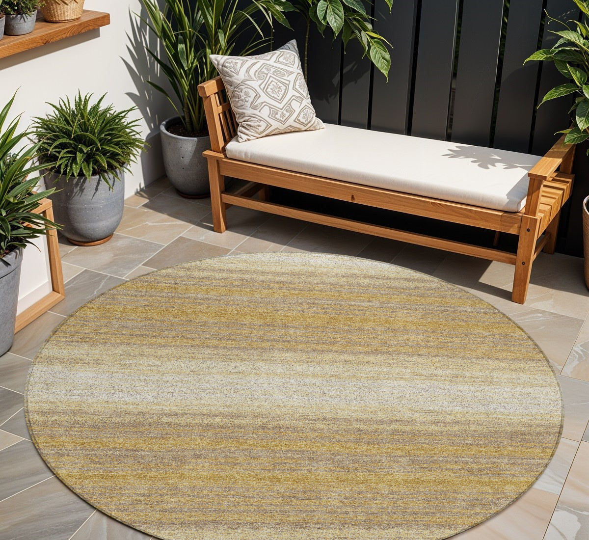 8' Gold And Beige Round Abstract Washable Indoor Outdoor Area Rug-599960-1