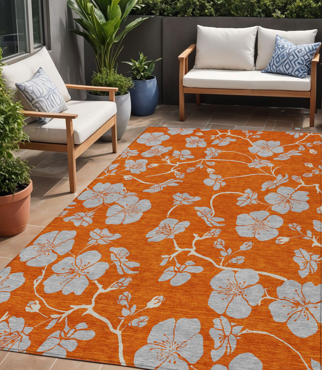 5' X 8' Orange And Gray Floral Washable Indoor Outdoor Area Rug-600031-1