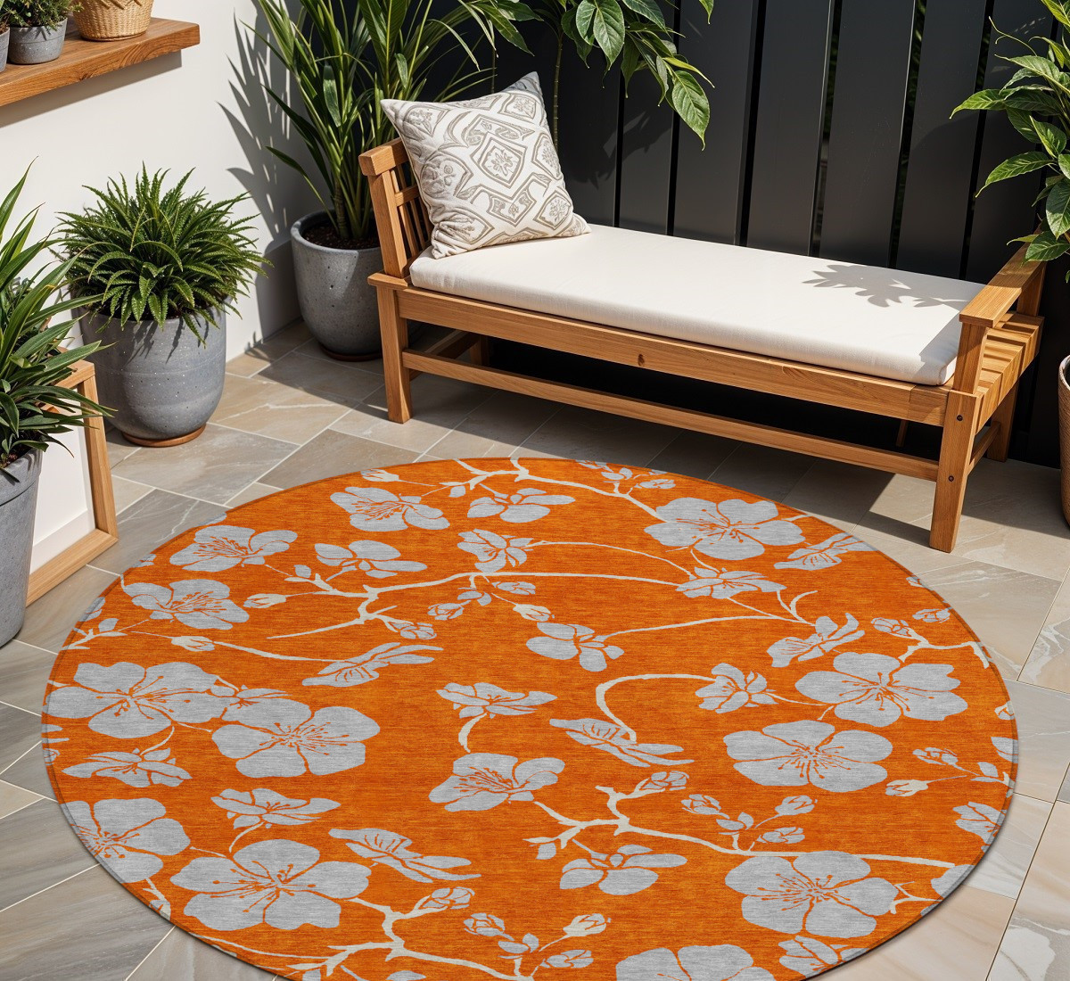 8' Orange And Gray Round Floral Washable Indoor Outdoor Area Rug-600032-1