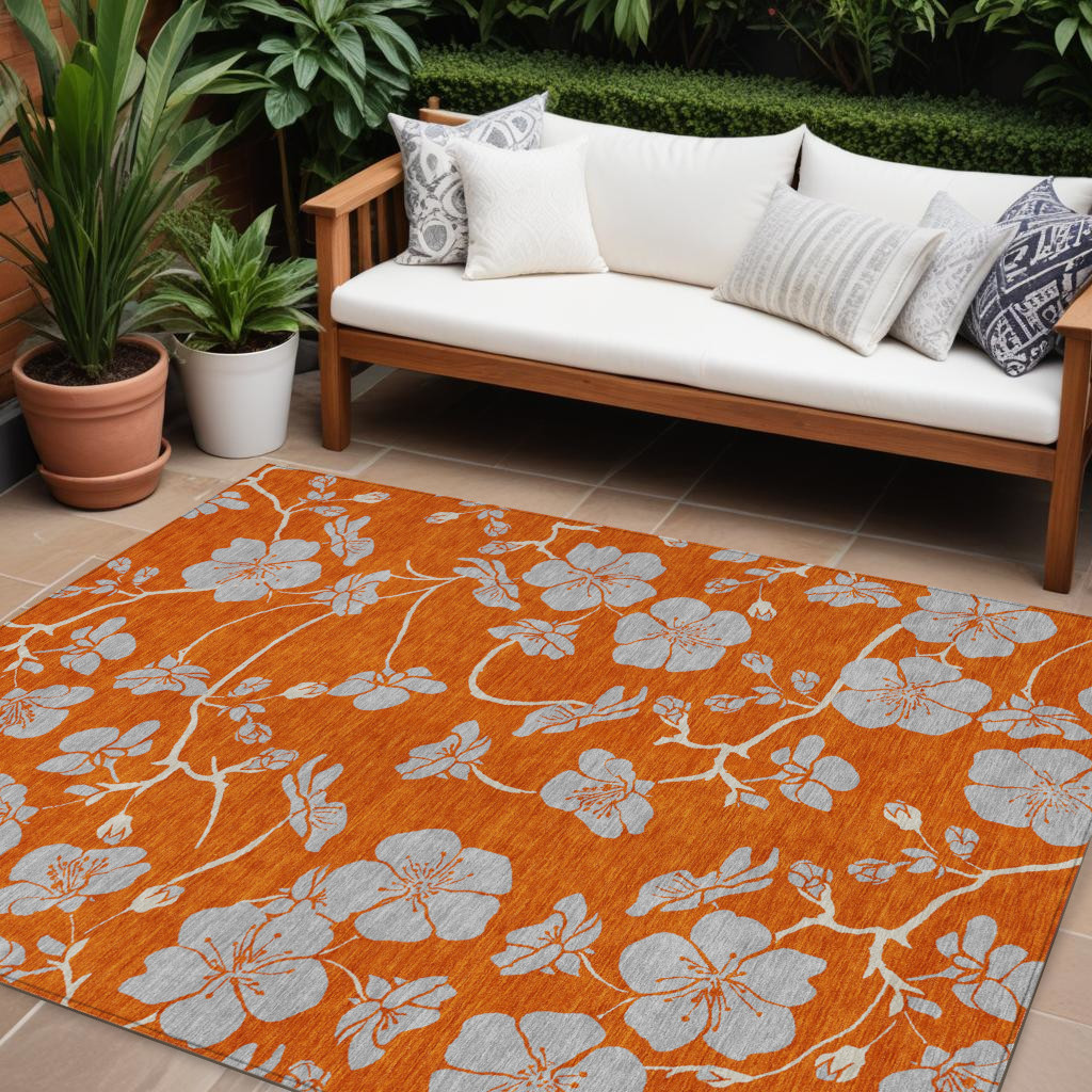 8' X 10' Orange And Gray Floral Washable Indoor Outdoor Area Rug-600033-1