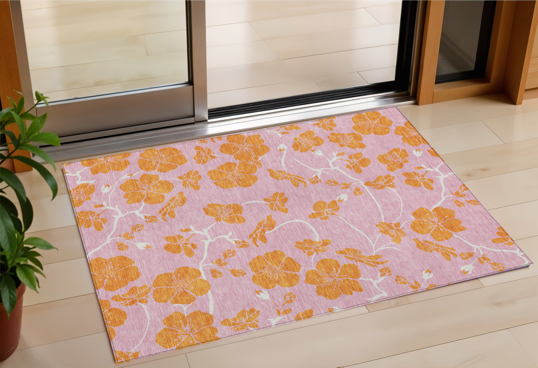 3' X 5' Pink And Copper Floral Washable Indoor Outdoor Area Rug-600036-1