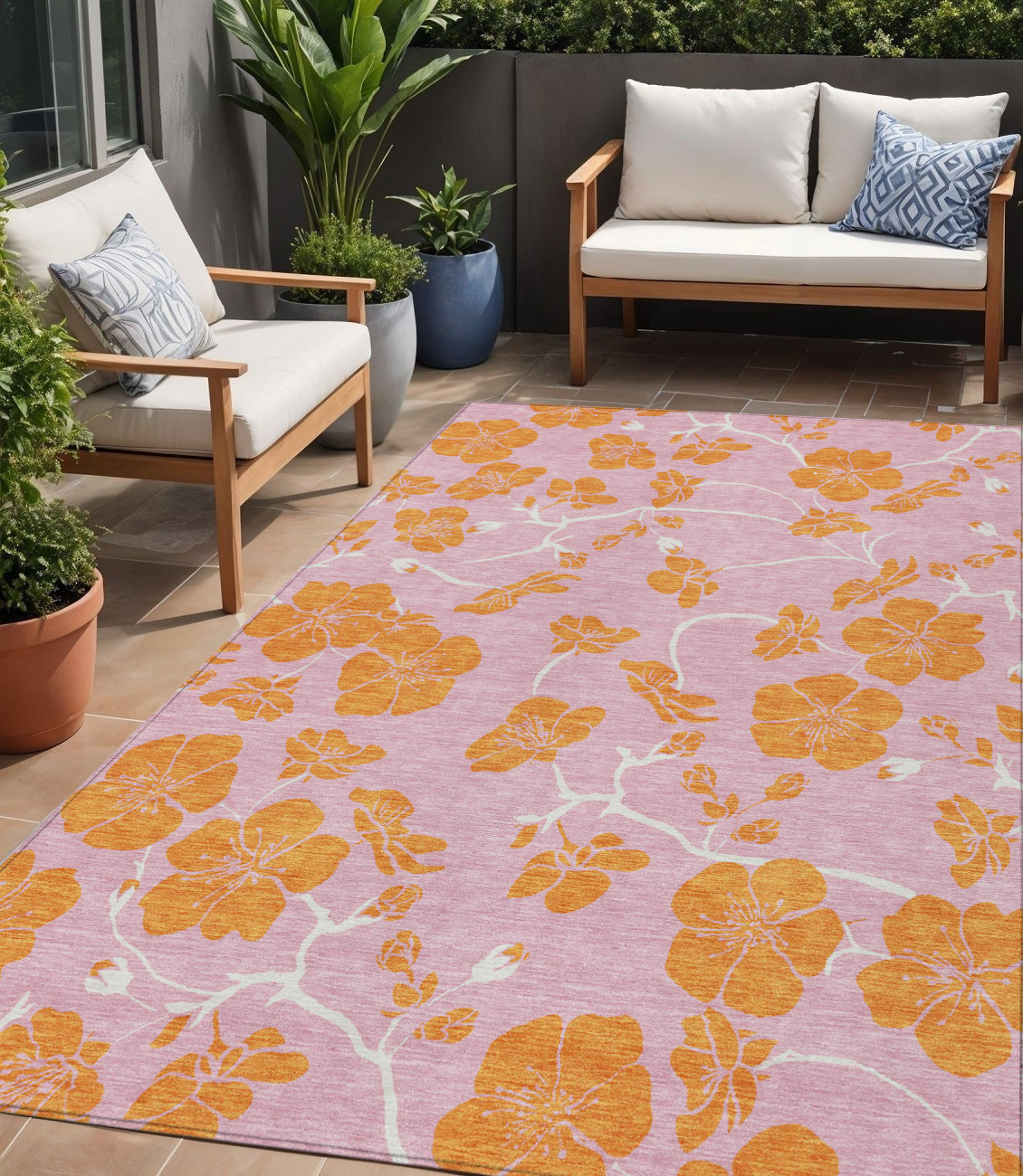 5' X 8' Pink And Copper Floral Washable Indoor Outdoor Area Rug-600037-1
