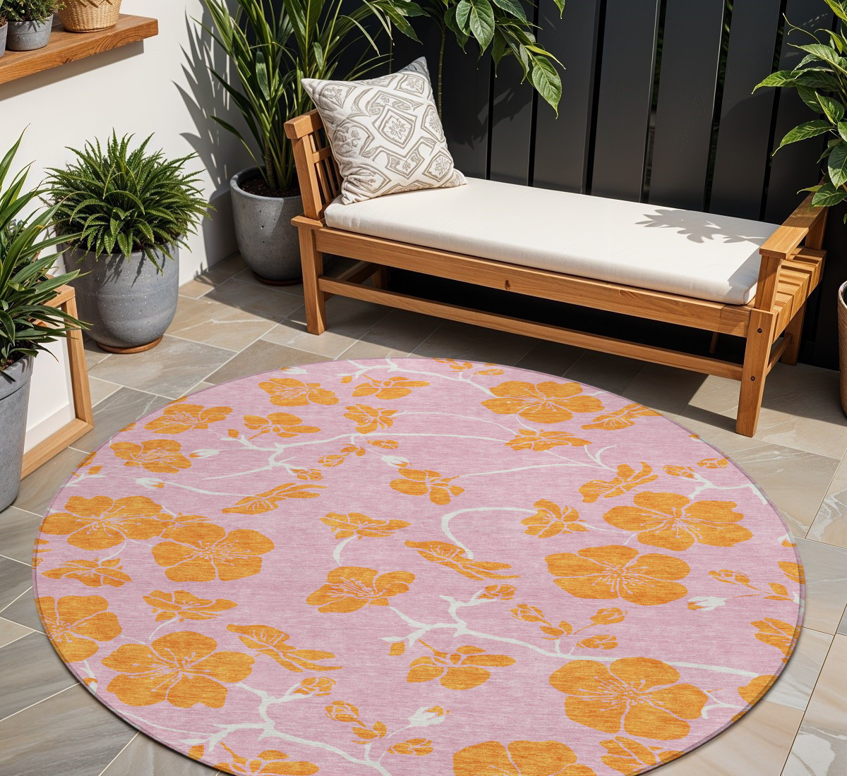 8' Pink And Copper Round Floral Washable Indoor Outdoor Area Rug-600038-1
