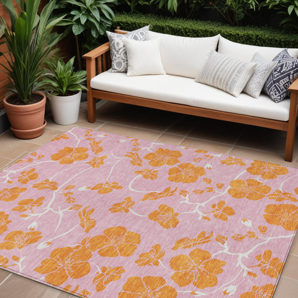 8' X 10' Pink And Copper Floral Washable Indoor Outdoor Area Rug-600039-1