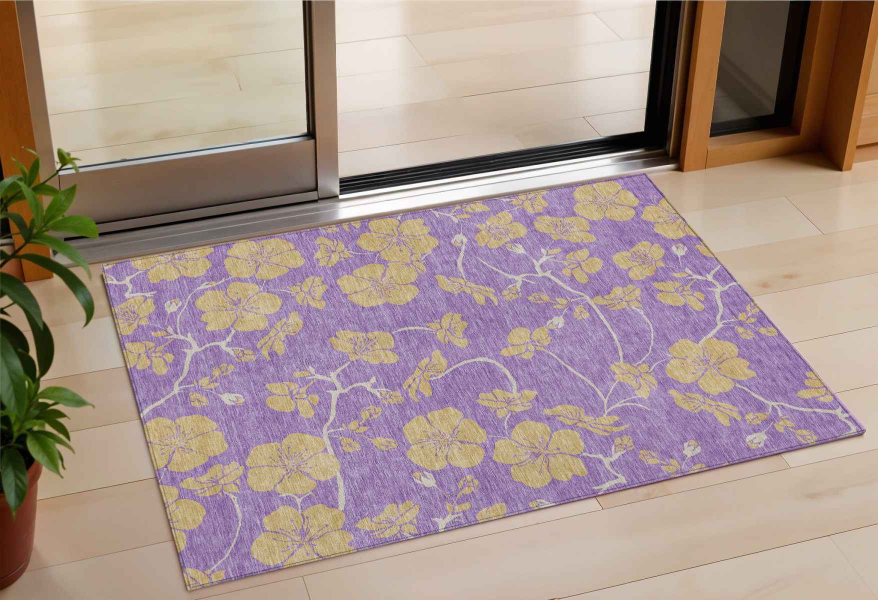 3' X 5' Purple And Gold Floral Washable Indoor Outdoor Area Rug-600042-1