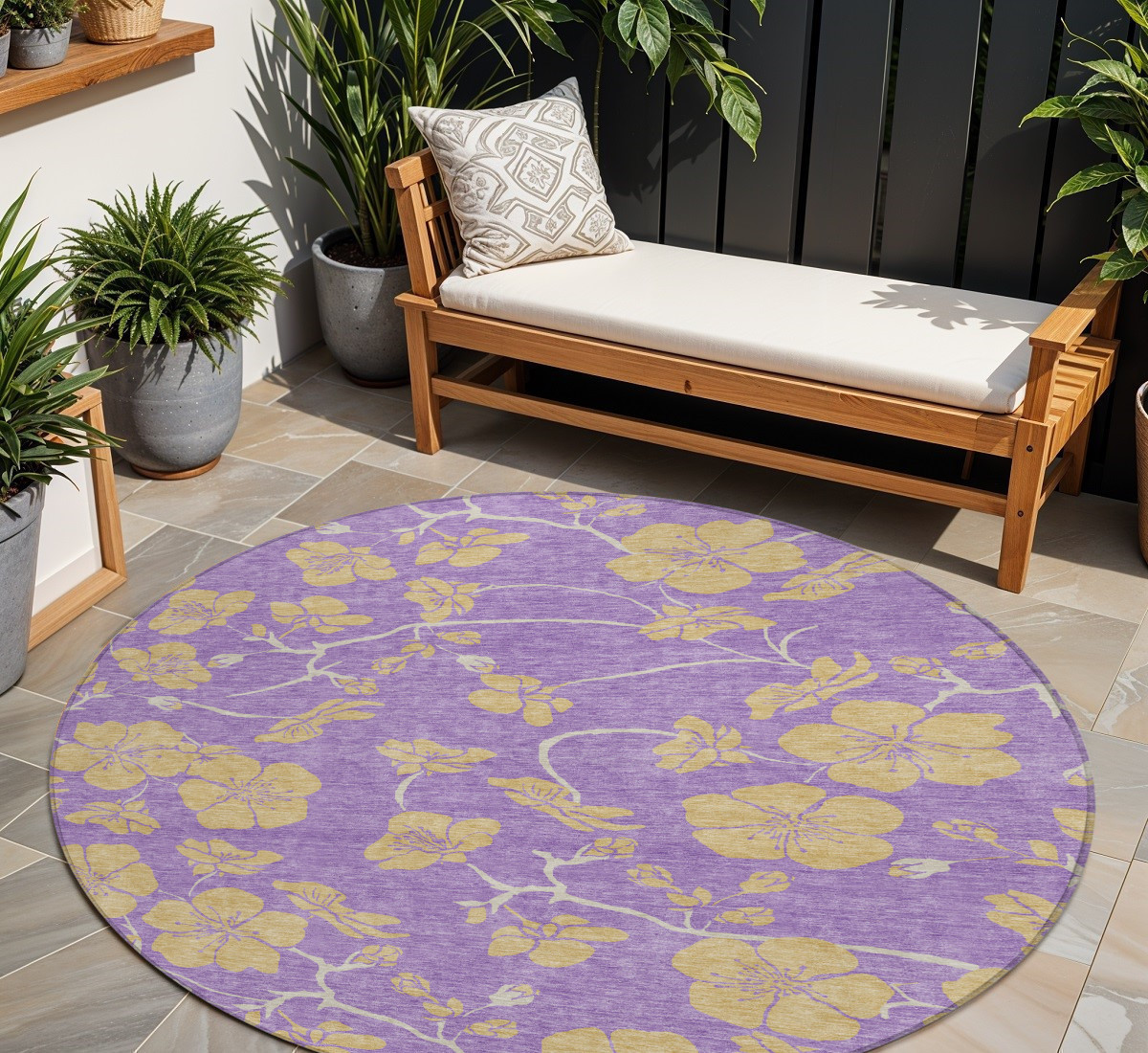 8' Purple And Gold Round Floral Washable Indoor Outdoor Area Rug-600044-1