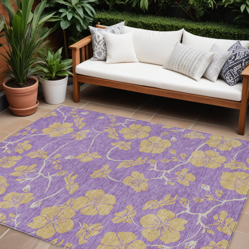 8' X 10' Purple And Gold Floral Washable Indoor Outdoor Area Rug-600045-1
