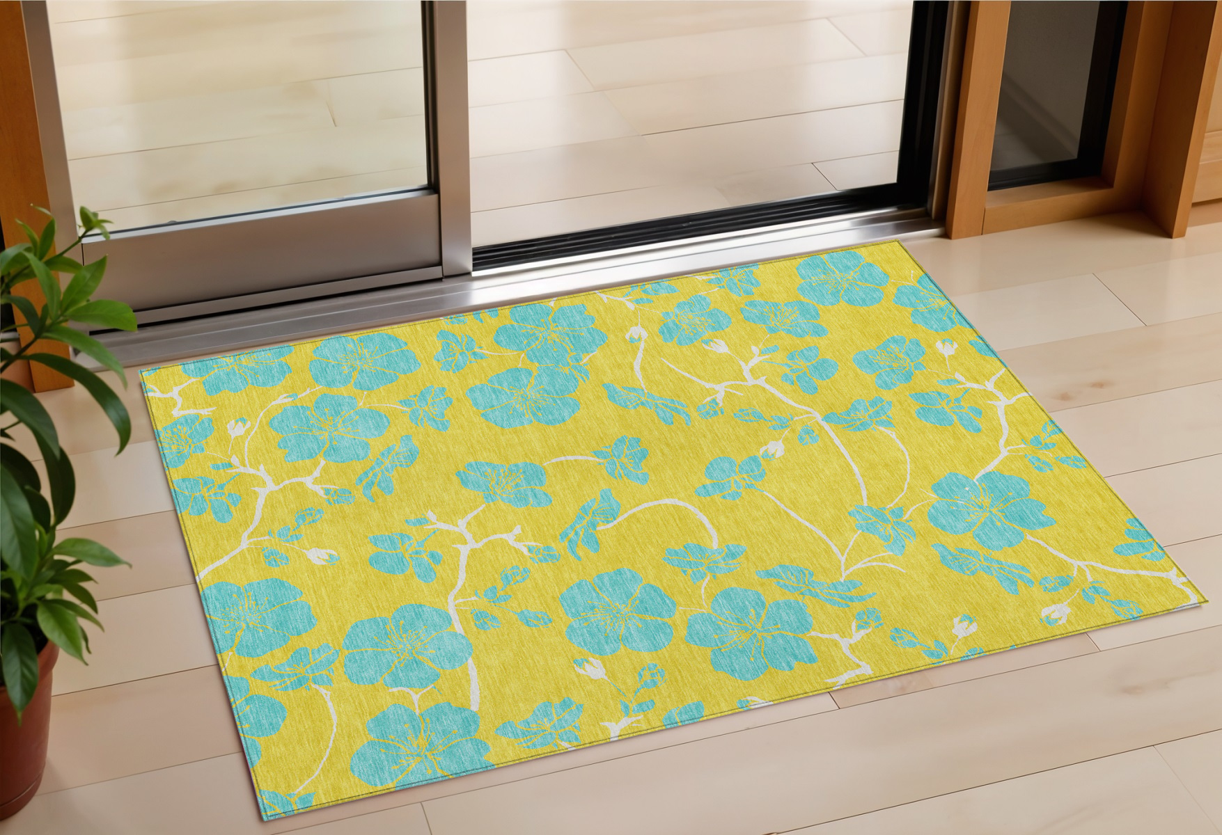 3' X 5' Yellow And Aqua Floral Washable Indoor Outdoor Area Rug-600054-1