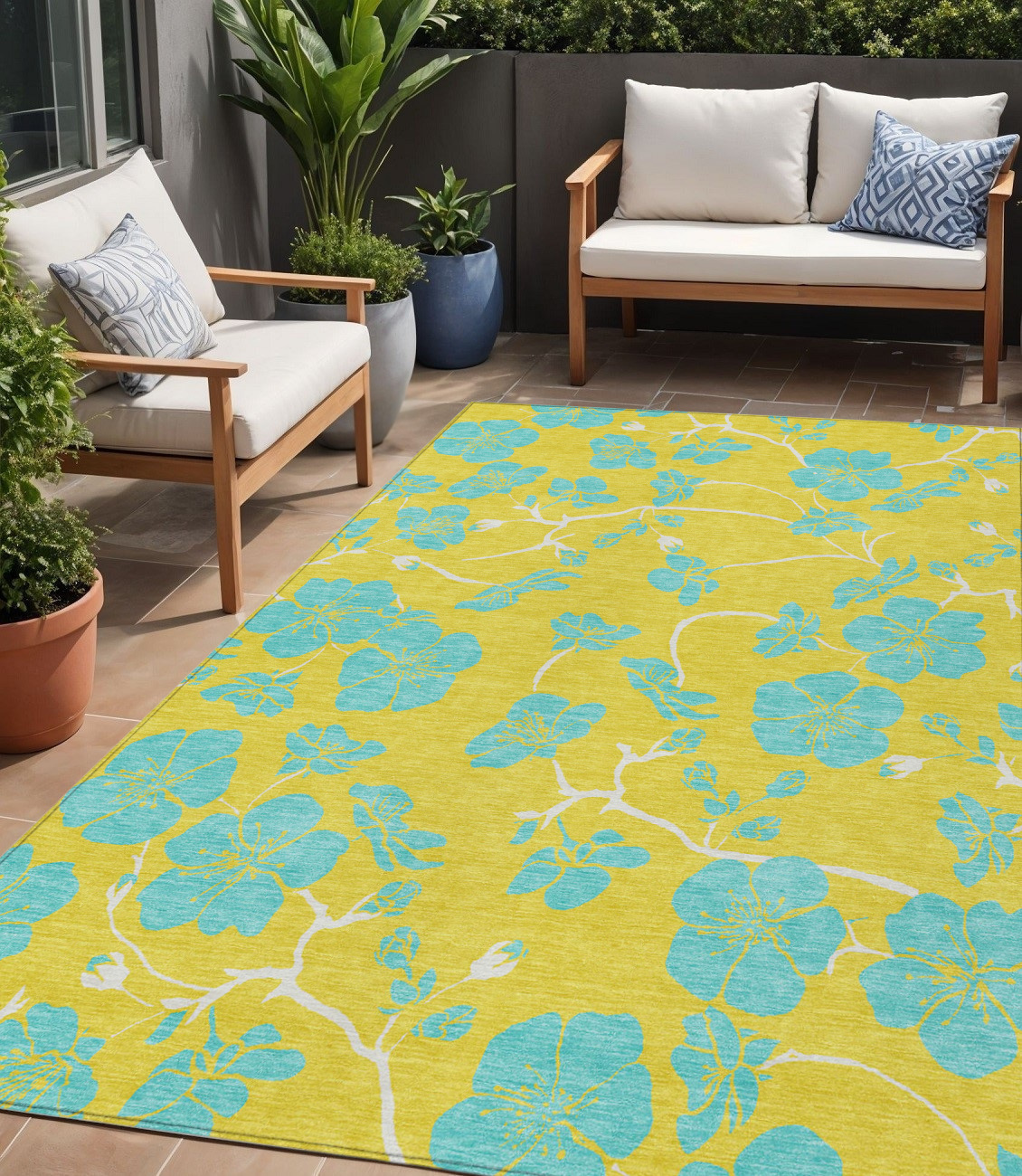 5' X 8' Yellow And Aqua Floral Washable Indoor Outdoor Area Rug-600055-1
