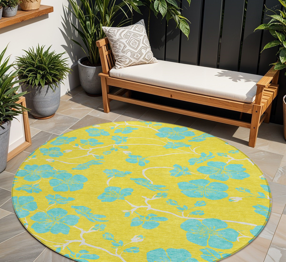 8' Yellow And Aqua Round Floral Washable Indoor Outdoor Area Rug-600056-1
