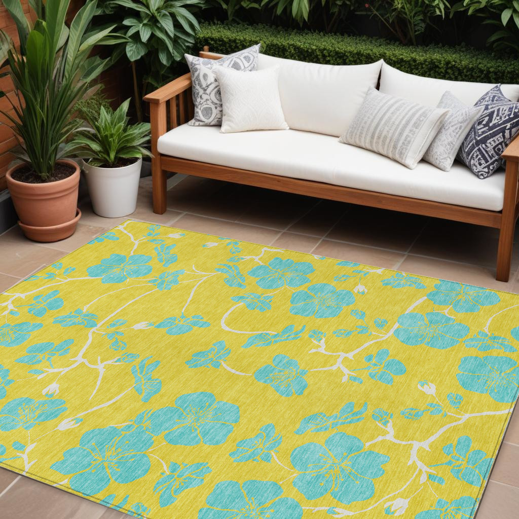 9' X 12' Yellow And Aqua Floral Washable Indoor Outdoor Area Rug-600058-1