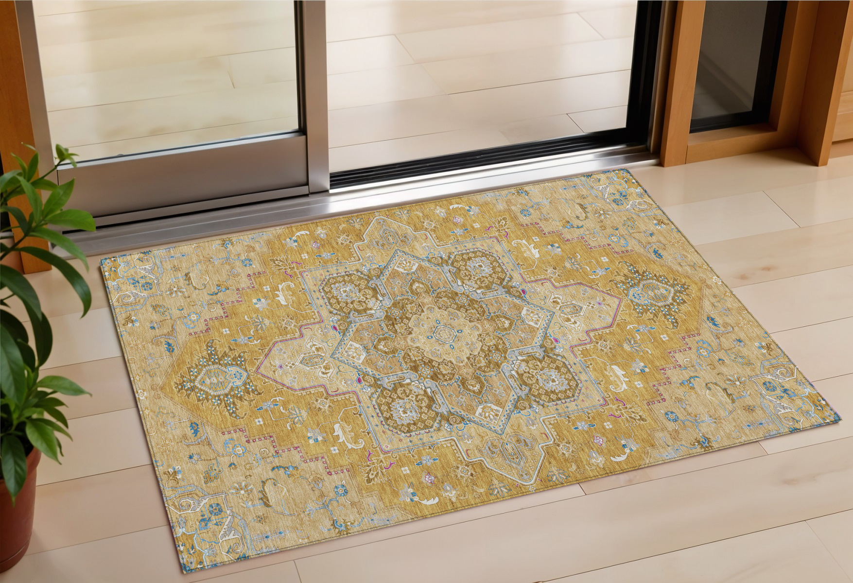 3' X 5' Gold Beige And Blue Oriental Washable Indoor Outdoor Area Rug-600156-1