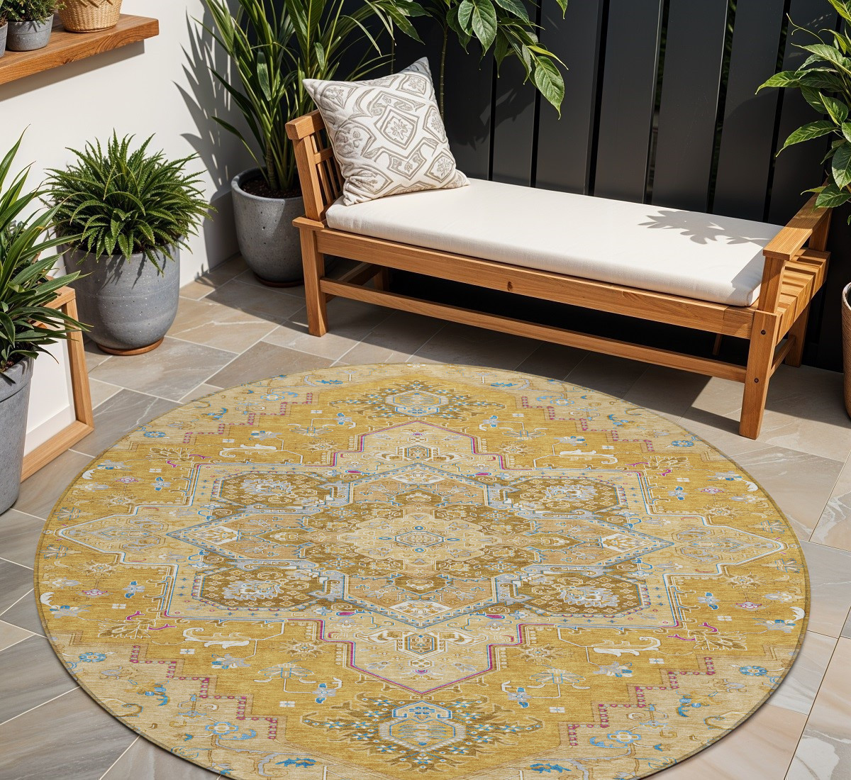 8' Gold Beige And Blue Round Oriental Washable Indoor Outdoor Area Rug-600158-1