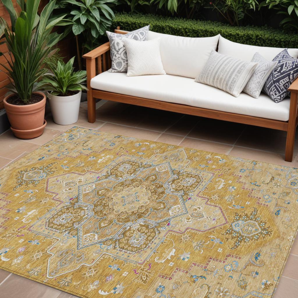 8' X 10' Gold Beige And Blue Oriental Washable Indoor Outdoor Area Rug-600159-1