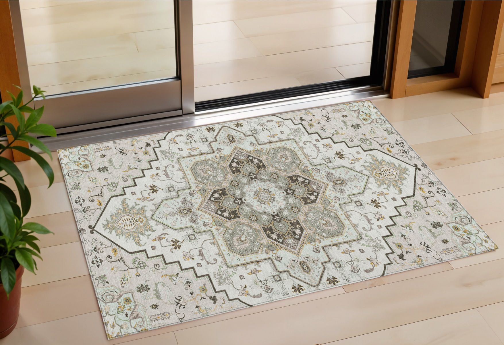 3' X 5' Ivory And Brown Oriental Washable Indoor Outdoor Area Rug-600162-1