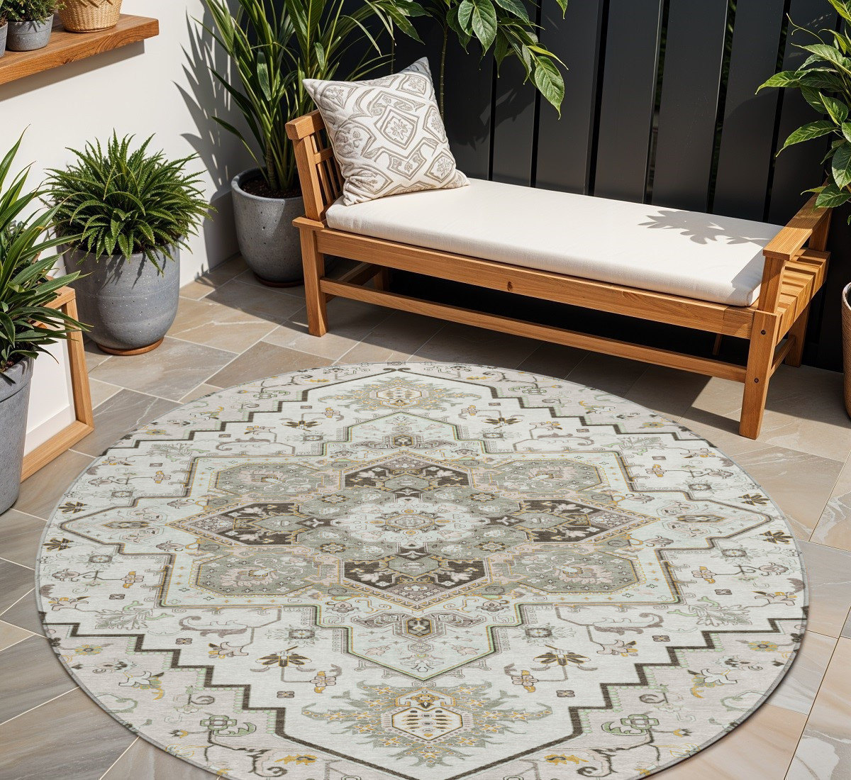 8' Ivory And Brown Round Oriental Washable Indoor Outdoor Area Rug-600164-1