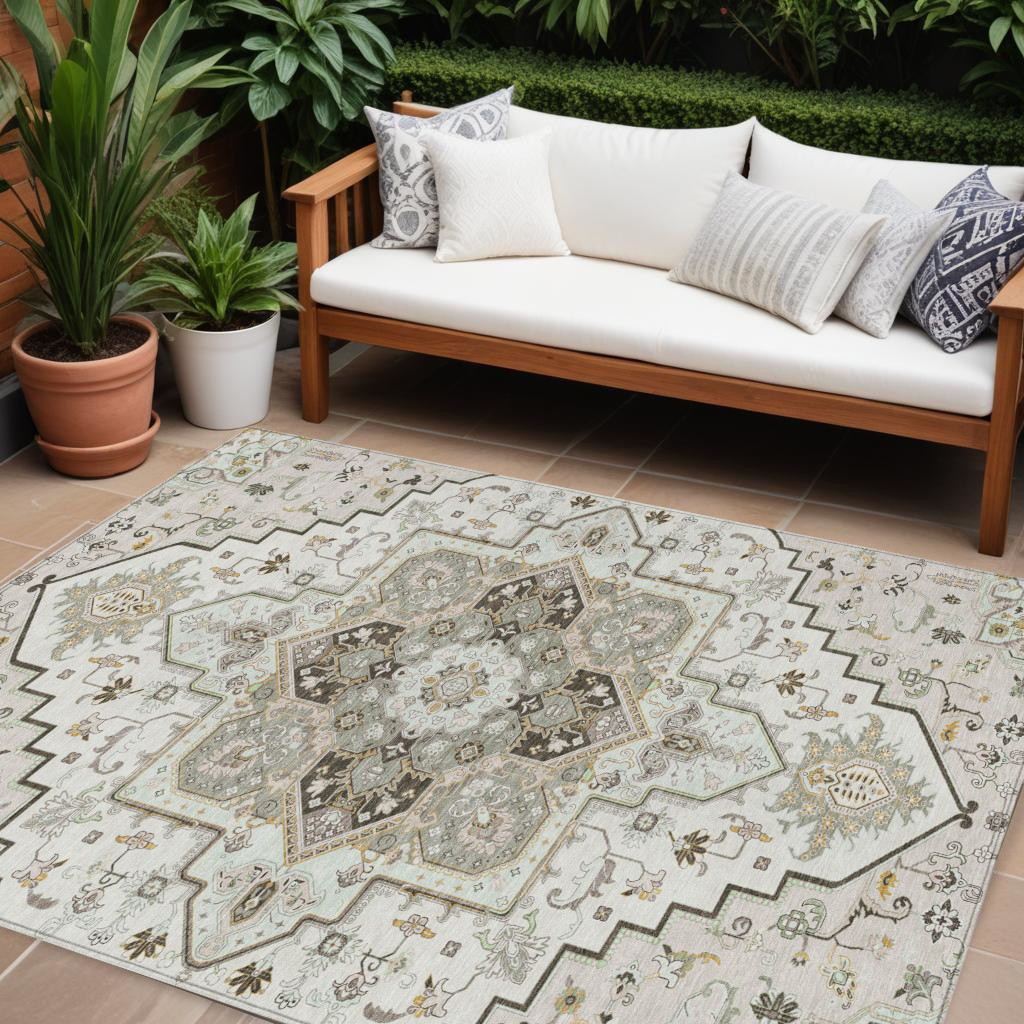8' X 10' Ivory And Brown Oriental Washable Indoor Outdoor Area Rug-600165-1