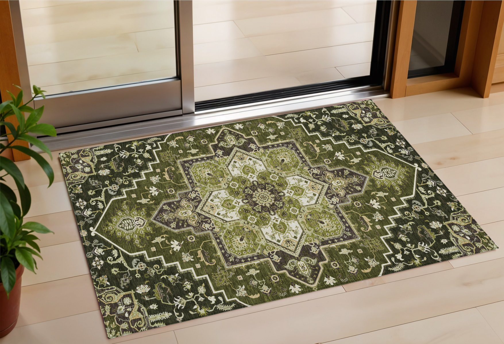 3' X 5' Olive Green Ivory And Brown Oriental Washable Indoor Outdoor Area Rug-600174-1