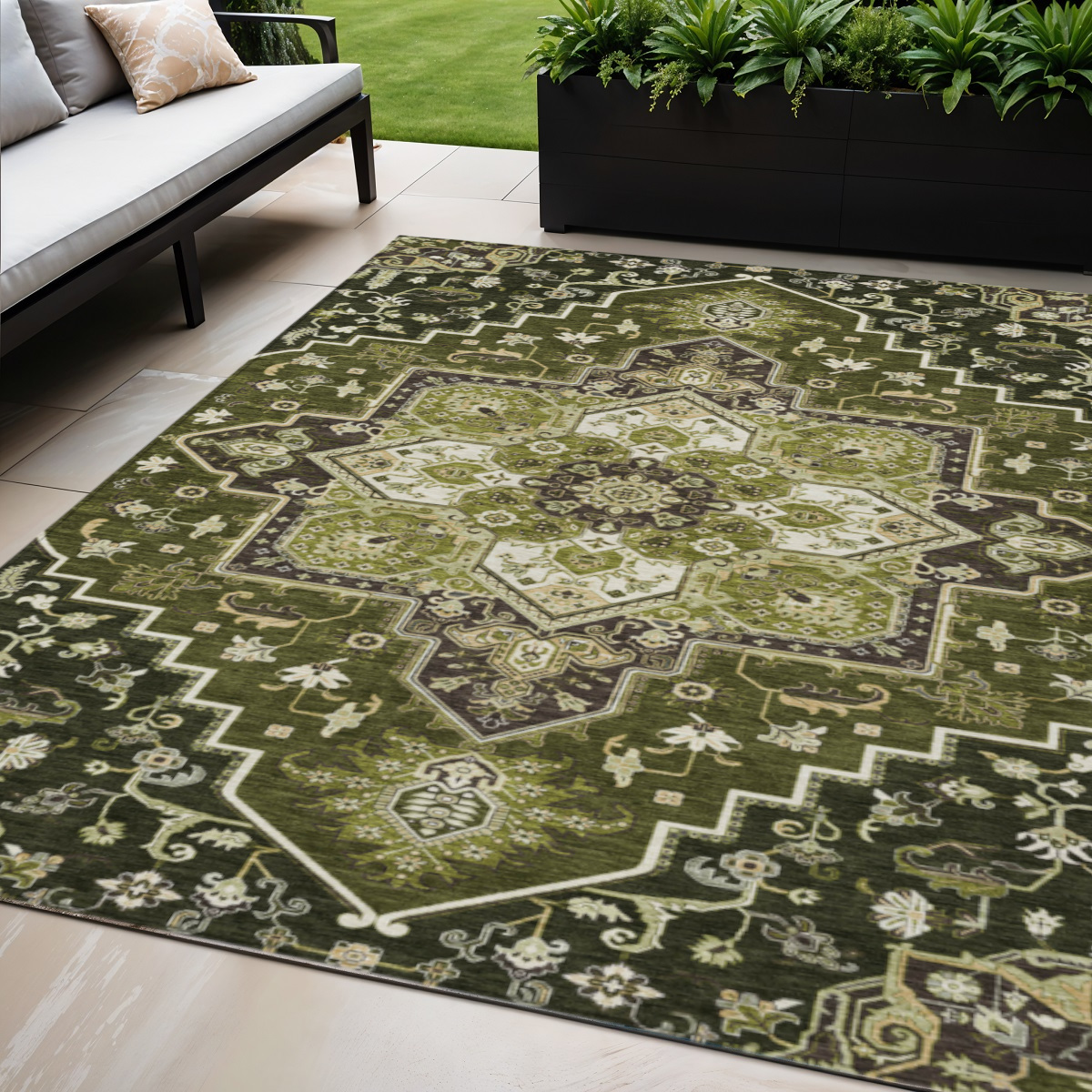 5' X 8' Olive Green Ivory And Brown Oriental Washable Indoor Outdoor Area Rug-600175-1