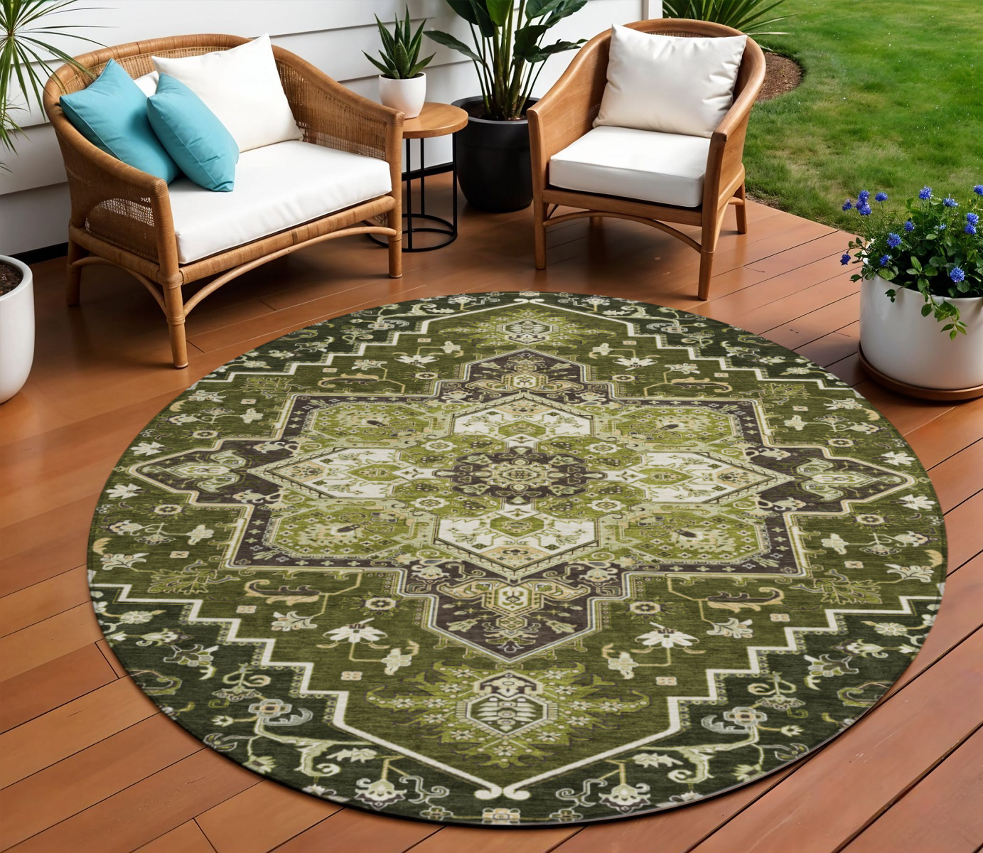 8' Olive Green Ivory And Brown Round Oriental Washable Indoor Outdoor Area Rug-600176-1