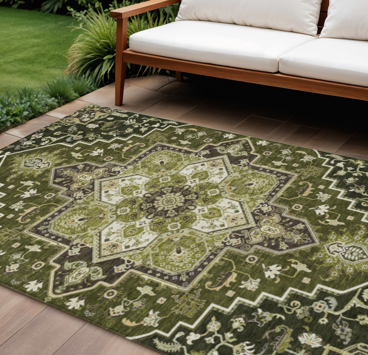 8' X 10' Olive Green Ivory And Brown Oriental Washable Indoor Outdoor Area Rug-600177-1