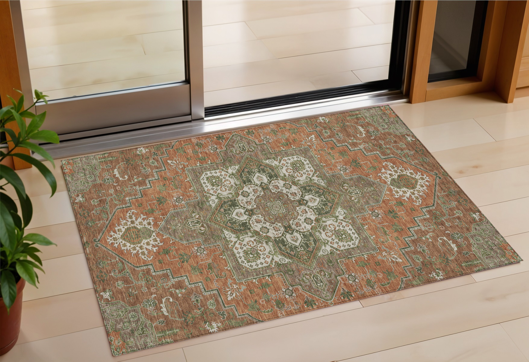 3' X 5' Rust Green And Brown Oriental Washable Indoor Outdoor Area Rug-600186-1