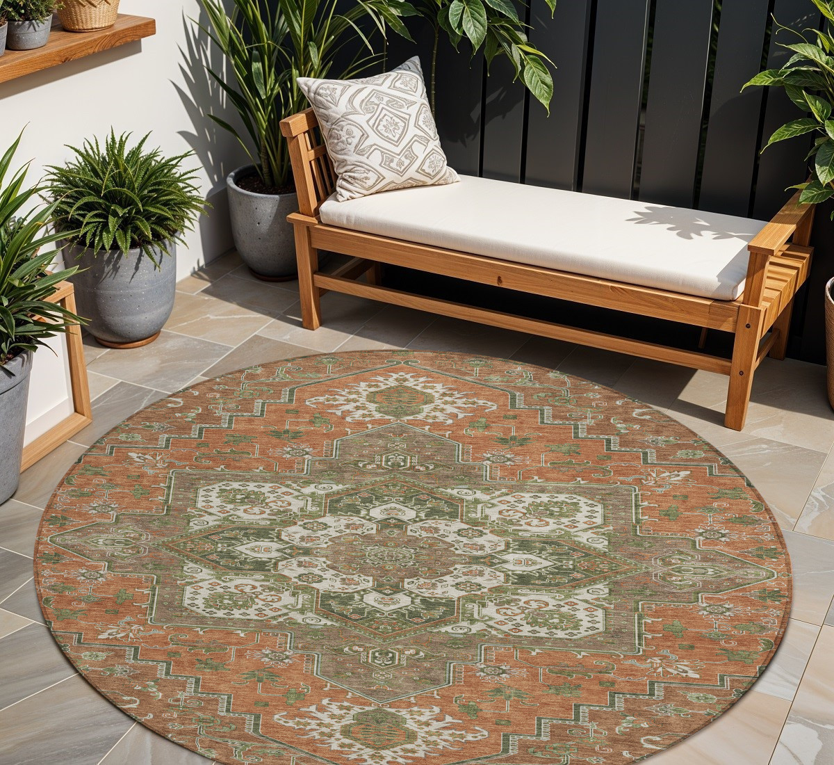 8' Rust Green And Brown Round Oriental Washable Indoor Outdoor Area Rug-600188-1