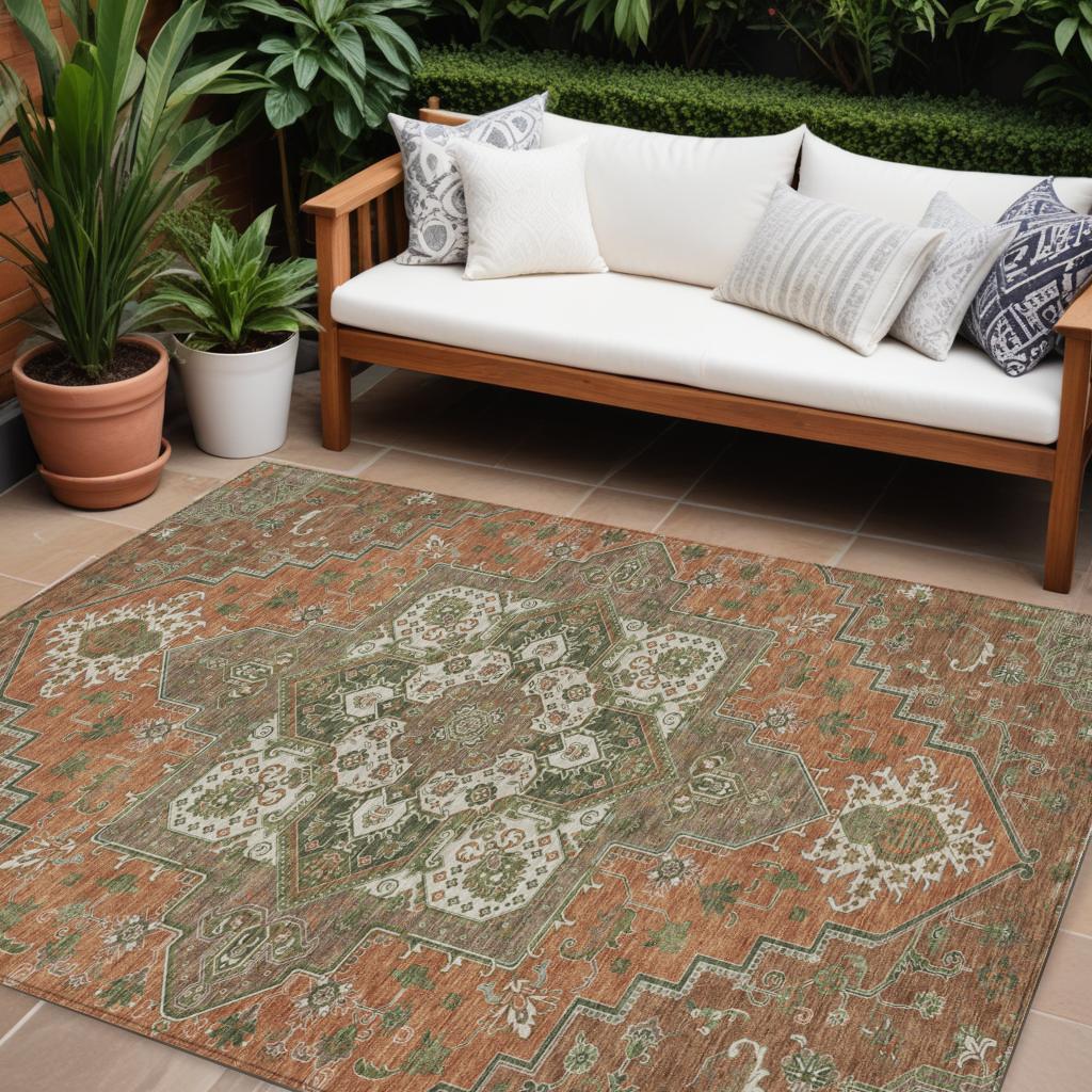 10' X 14' Rust Green And Brown Oriental Washable Indoor Outdoor Area Rug-600191-1