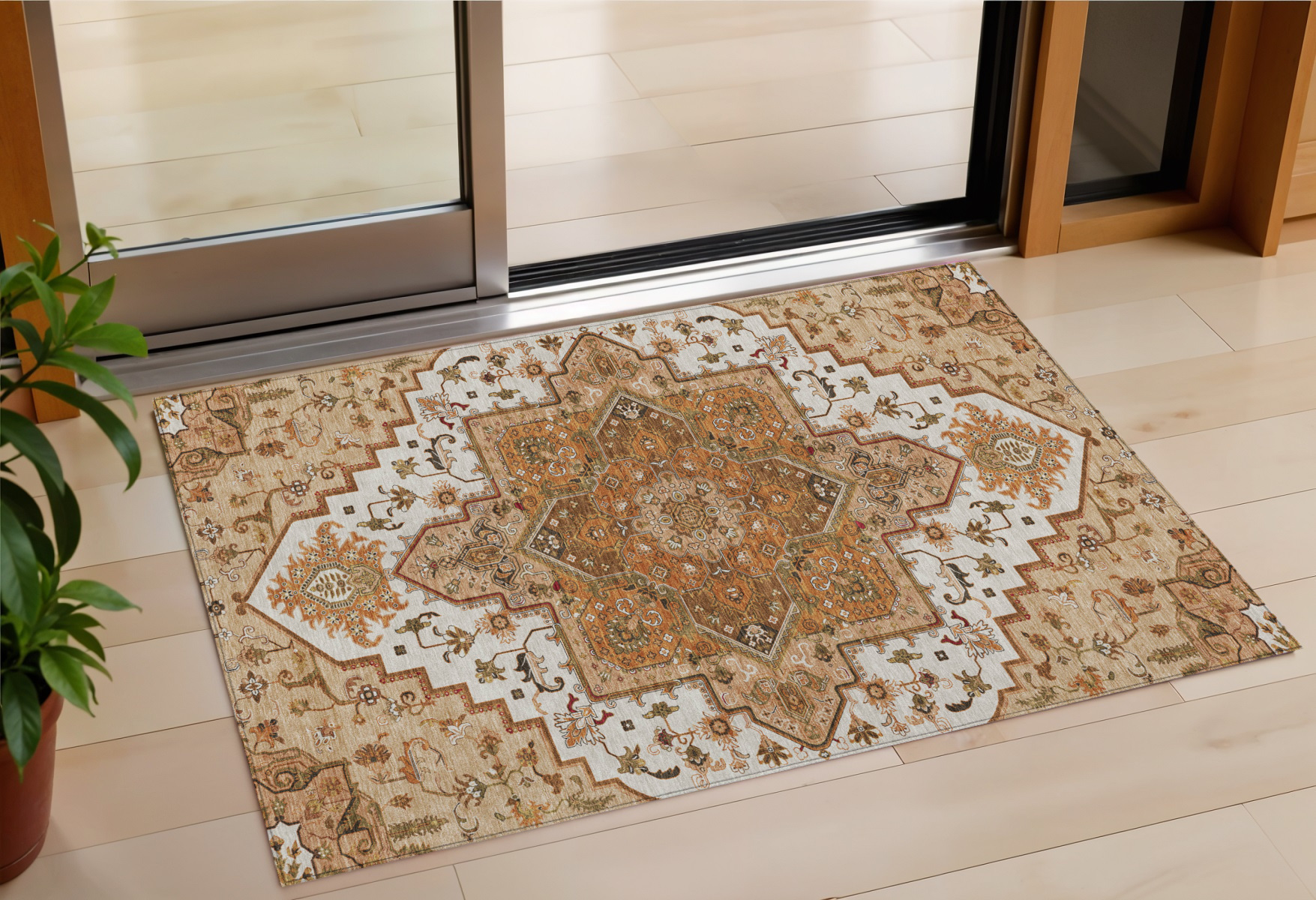 3' X 5' Terra Cotta Beige And Brown Oriental Washable Indoor Outdoor Area Rug-600198-1