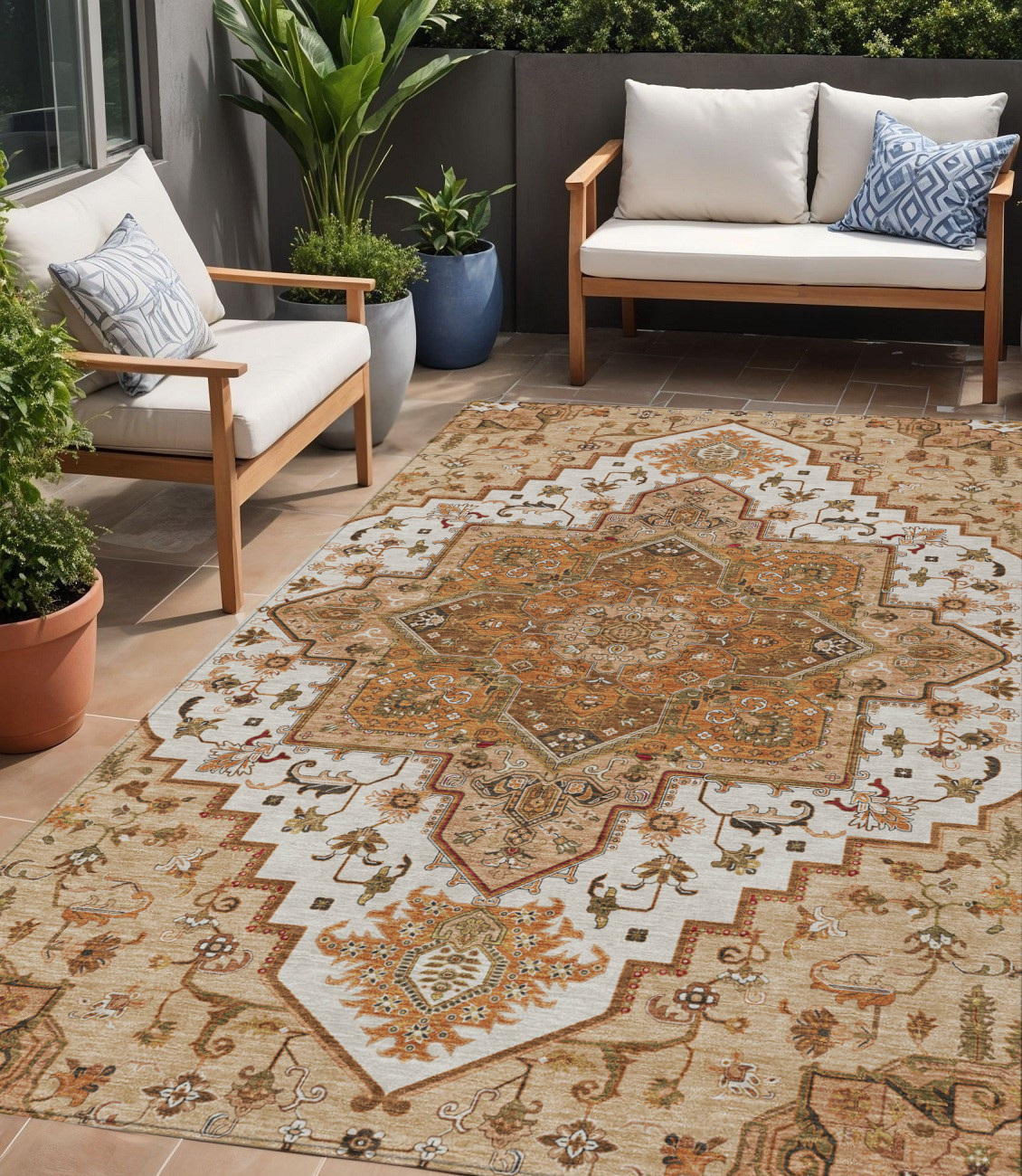 5' X 8' Terra Cotta Beige And Brown Oriental Washable Indoor Outdoor Area Rug-600199-1
