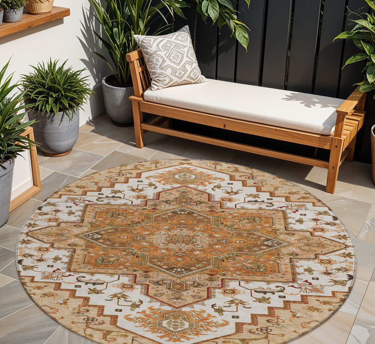 8' Terra Cotta Beige And Brown Round Oriental Washable Indoor Outdoor Area Rug-600200-1