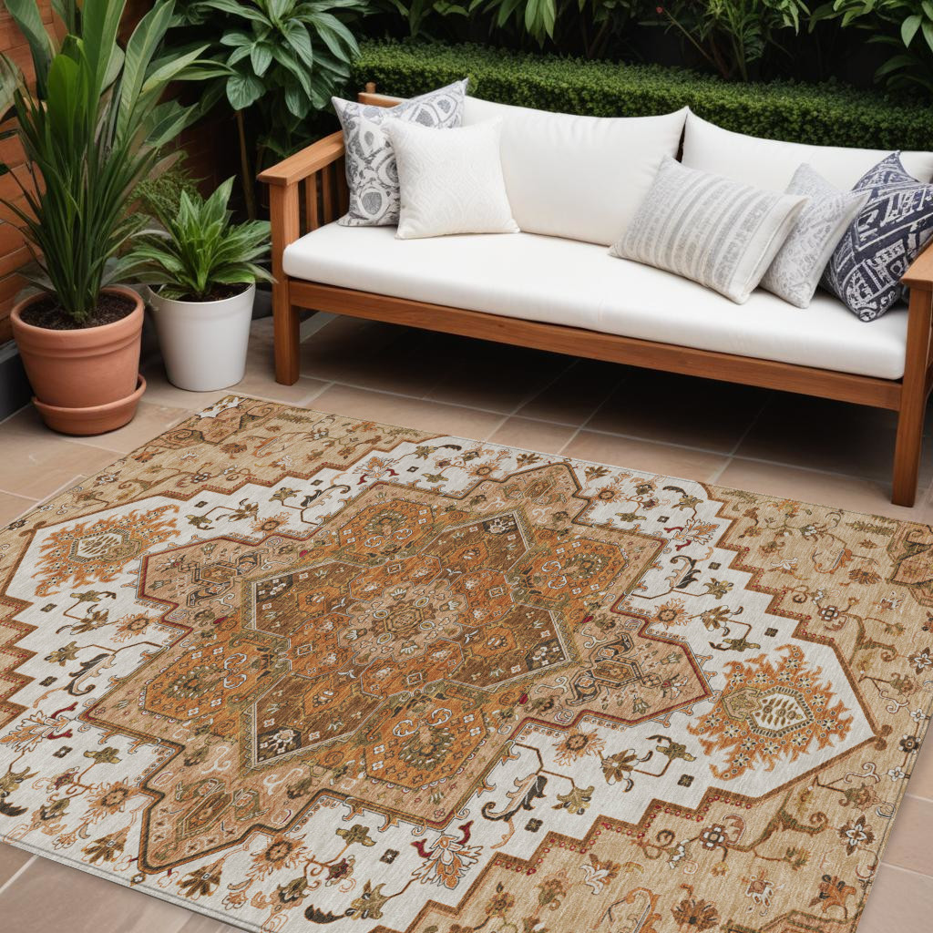 10' X 14' Terra Cotta Beige And Brown Oriental Washable Indoor Outdoor Area Rug-600203-1