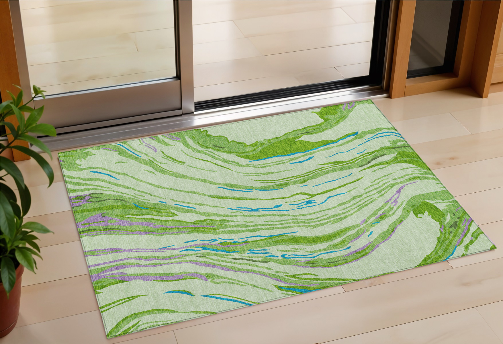 3' X 5' Green Teal Blue And Purple Abstract Washable Indoor Outdoor Area Rug-600228-1