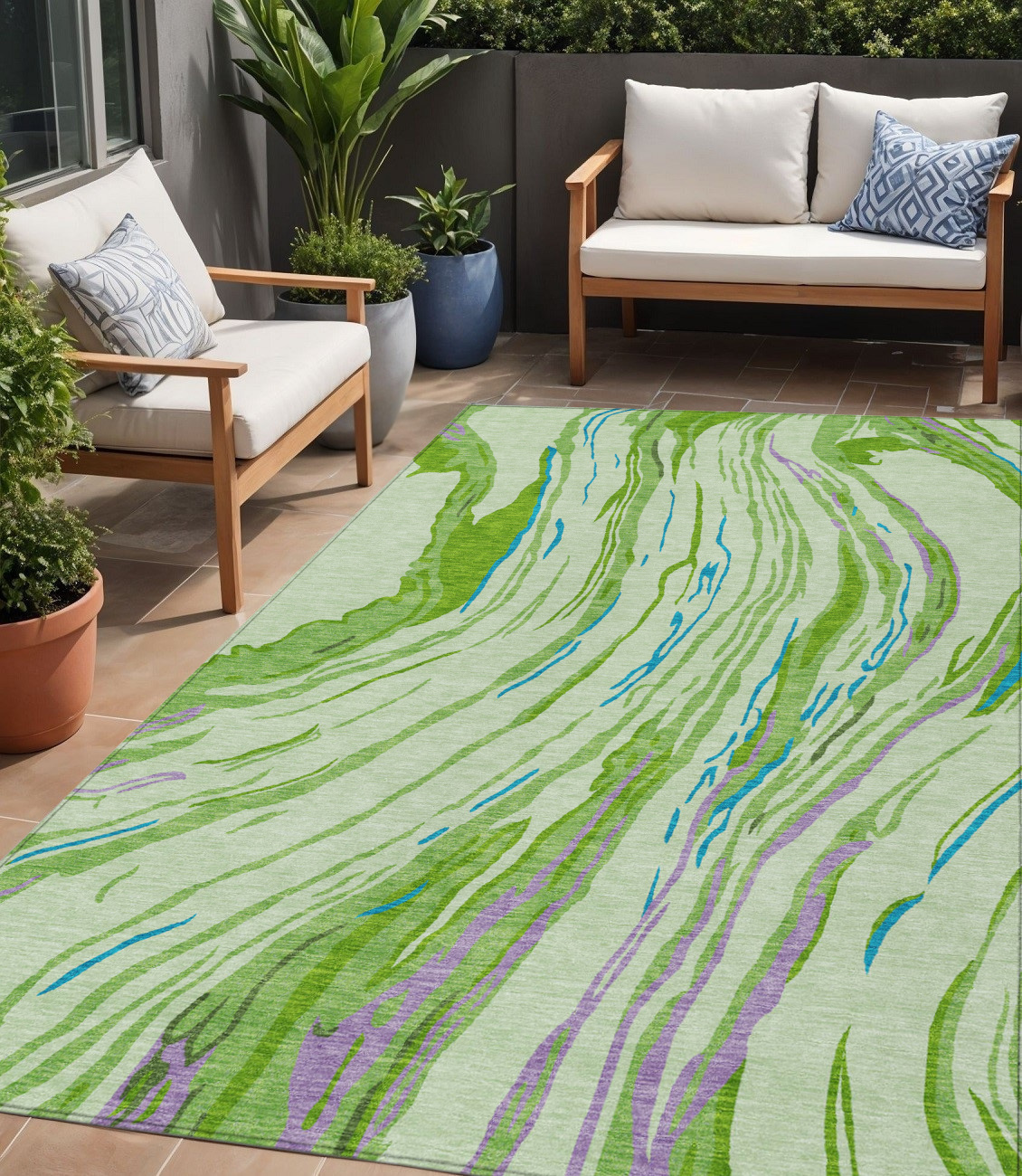 5' X 8' Green Teal Blue And Purple Abstract Washable Indoor Outdoor Area Rug-600229-1