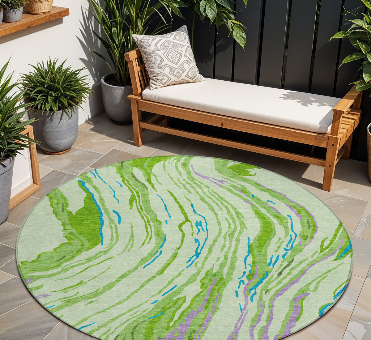 8' Green Teal Blue And Purple Round Abstract Washable Indoor Outdoor Area Rug-600230-1