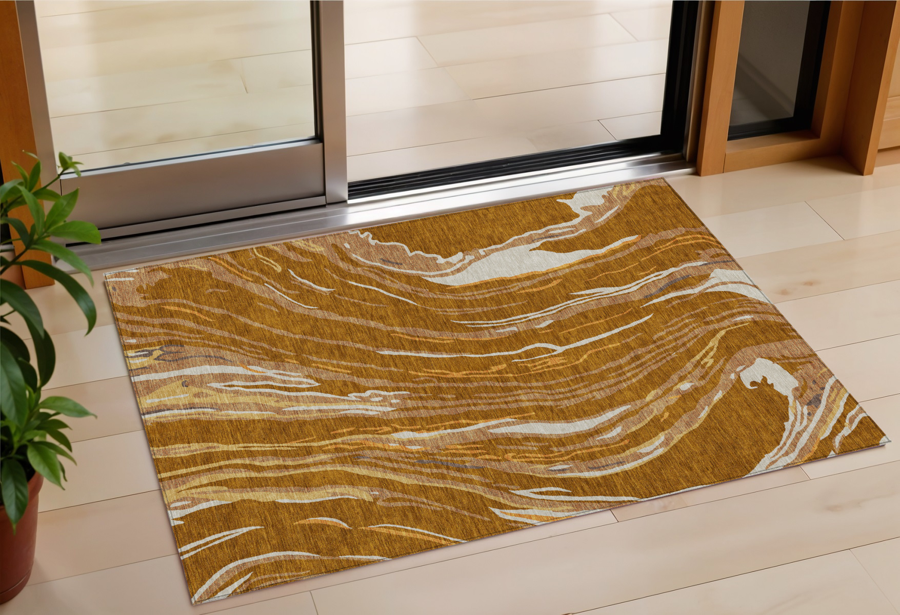 3' X 5' Brown Gold And Copper Abstract Washable Indoor Outdoor Area Rug-600252-1