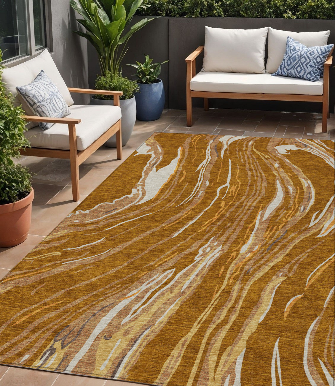 5' X 8' Brown Gold And Copper Abstract Washable Indoor Outdoor Area Rug-600253-1