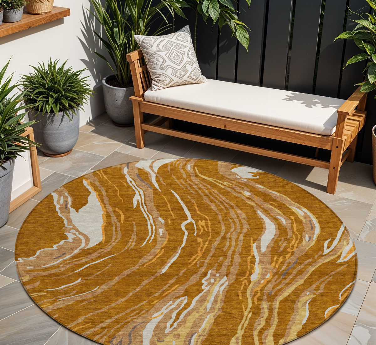 8' Brown Gold And Copper Round Abstract Washable Indoor Outdoor Area Rug-600254-1