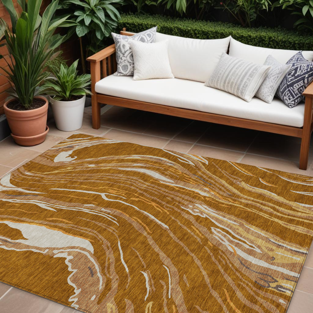 10' X 14' Brown Gold And Copper Abstract Washable Indoor Outdoor Area Rug-600257-1
