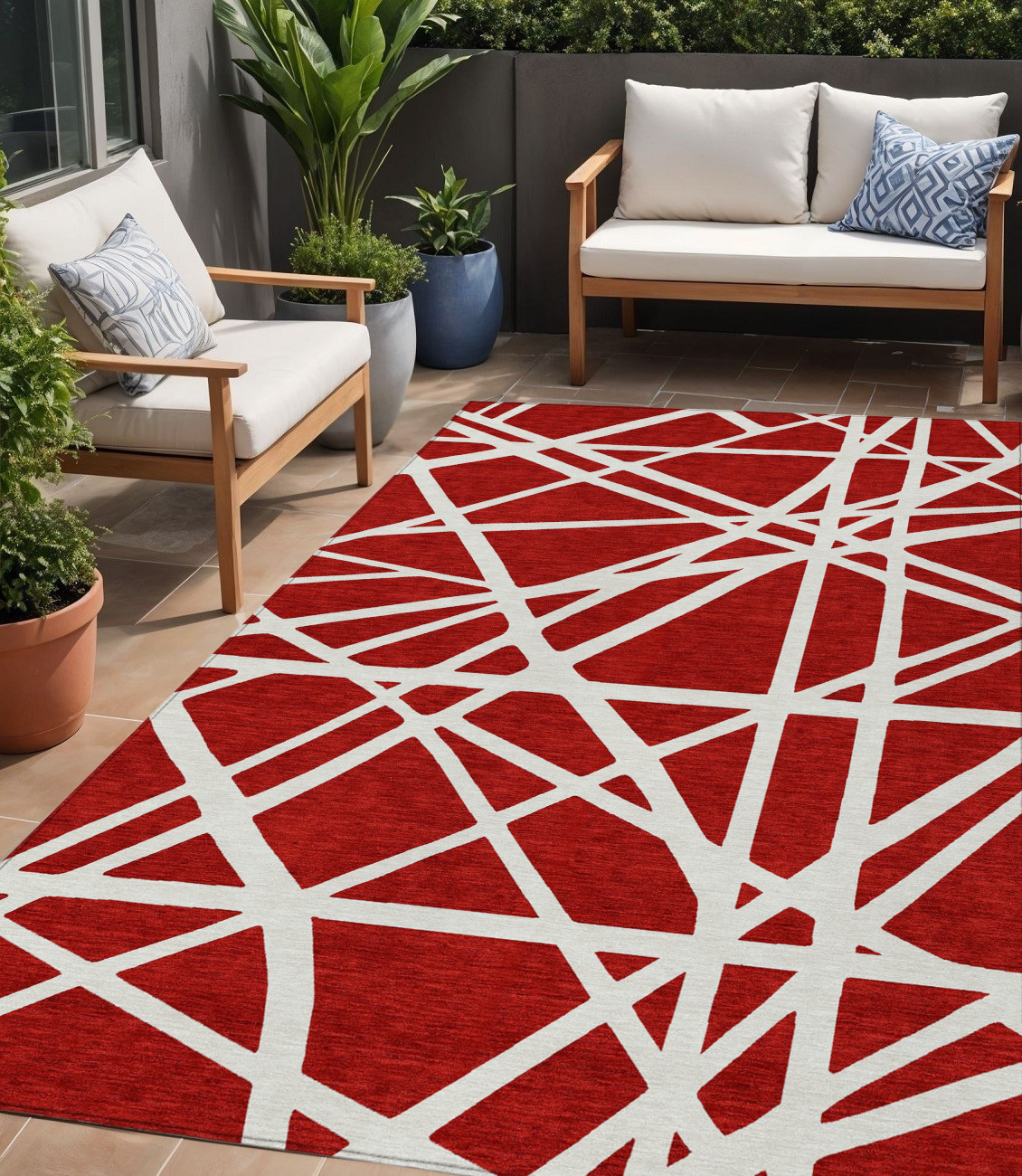5' X 8' Red And Ivory Geometric Washable Indoor Outdoor Area Rug-600487-1
