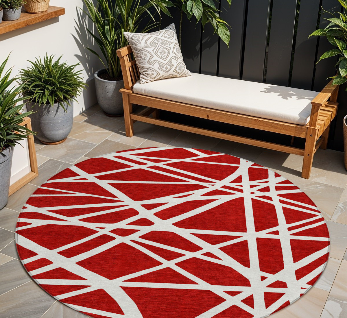 8' Red And Ivory Round Geometric Washable Indoor Outdoor Area Rug-600488-1