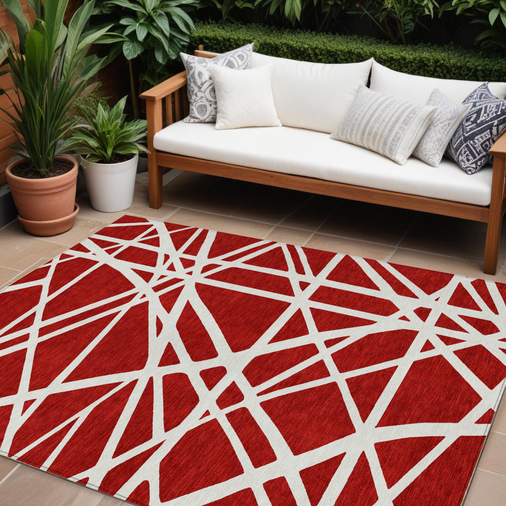 9' X 12' Red And Ivory Geometric Washable Indoor Outdoor Area Rug-600490-1