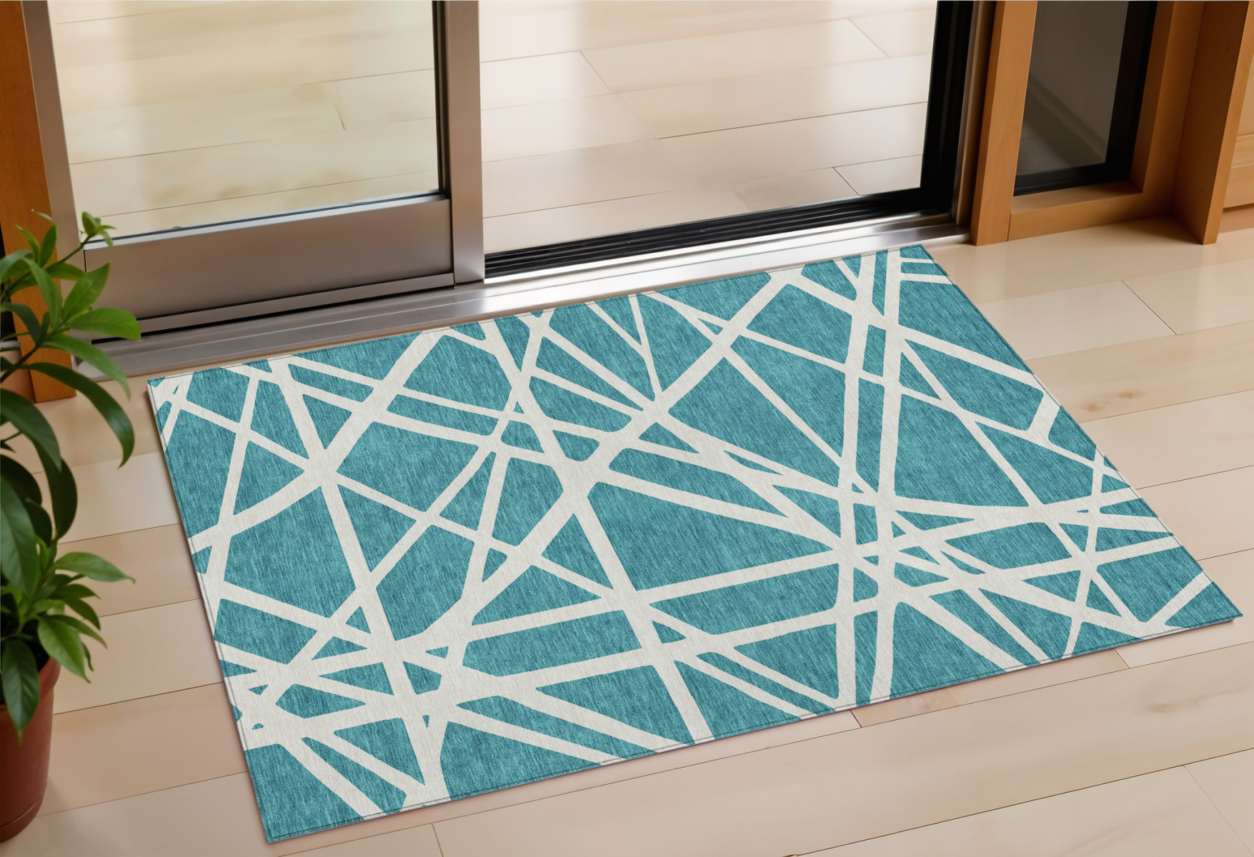 3' X 5' Teal Blue And Ivory Geometric Washable Indoor Outdoor Area Rug-600492-1