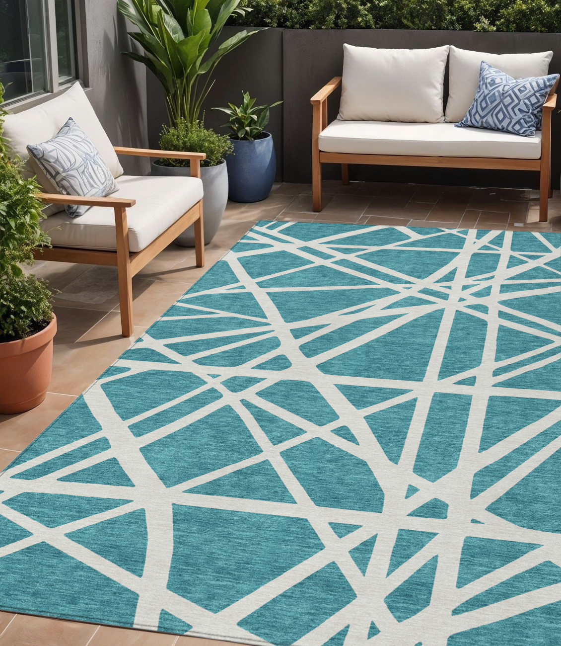 5' X 8' Teal Blue And Ivory Geometric Washable Indoor Outdoor Area Rug-600493-1